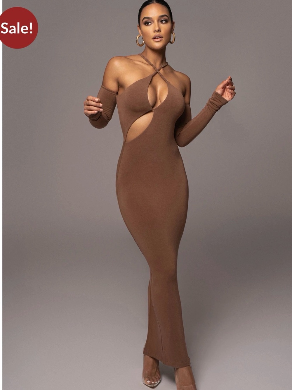 NEW JLUXLABEL PECAN SOLEDAD Cross Cutout Maxi Dress with Off-Shoulder Sleeve